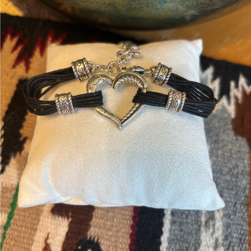 Brighton Silver Heart Charm Black Bracelet NWOT